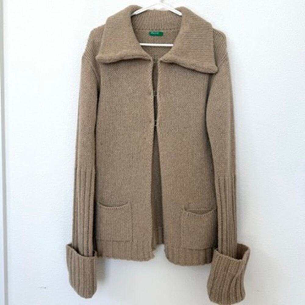 United Colors of Benetton Italian Wool Cardigan Coatigan Tan M Vintage Lagenlook